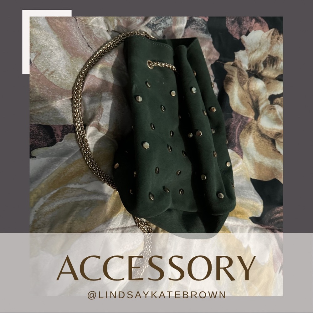Green suede purse with gold chain